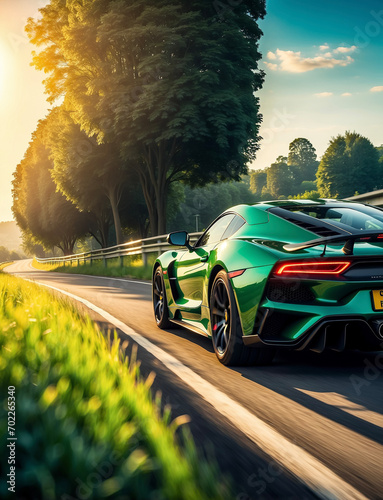 Green sport car driving on a highway surrounded by tall trees and green vegetation, rear view of a concept car © Sandro Salla