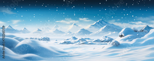 A tranquil ultrawide winter panorama depicting a gentle snowfall serenely blanketing the undulating snowdrifts in a soft, ethereal light