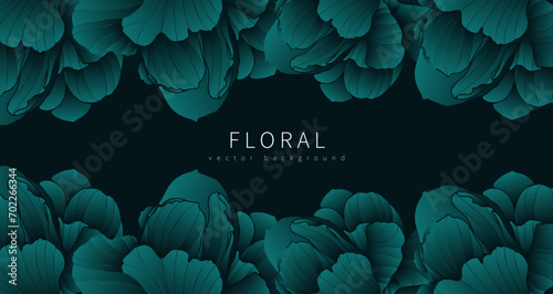 Floral mystical background with peony petals in an unusual turquoise color. Floral poster, banner, cover, wallpaper