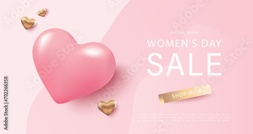Pink poster for discounts for Women's Day with a three-dimensional heart. March 8. Discounts, sales, shopping banner