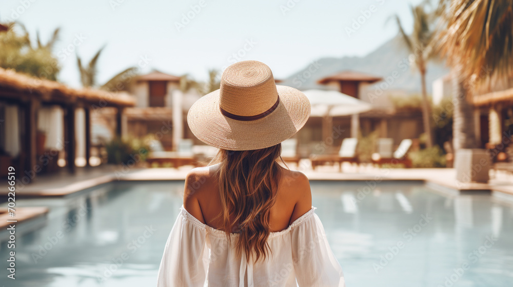 happy woman in a hat, rear view, looking at the sea, ocean. recreation, tourism.