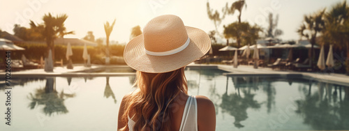 happy woman in a hat, rear view, looking at the sea, ocean. recreation, tourism. © Anna