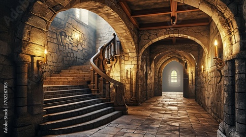 medieval castle hallway with stairs © Ariestia