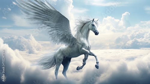 White pegasus unicorn. White horse with wings in clouds