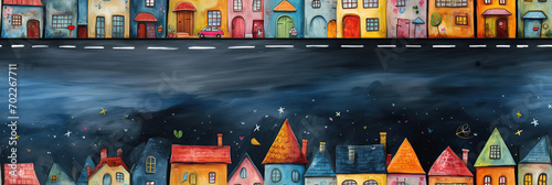 seamless pattern with colorful children's drawing of houses in a fairytale city on blue blackboard background