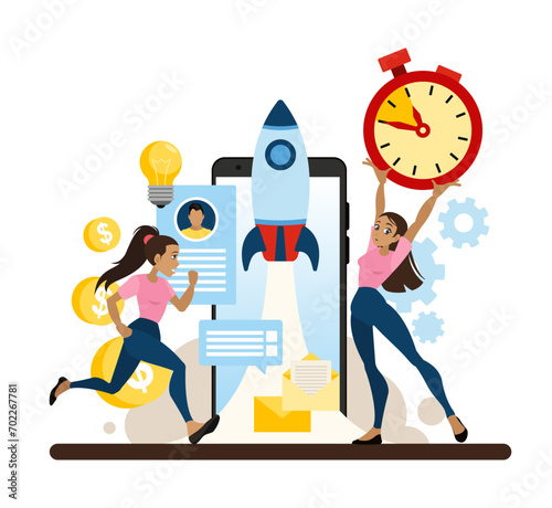 People are rushing to launch a rocket as a rapid business development. Fast business development and a successful start. Vector illustration in cartoon style