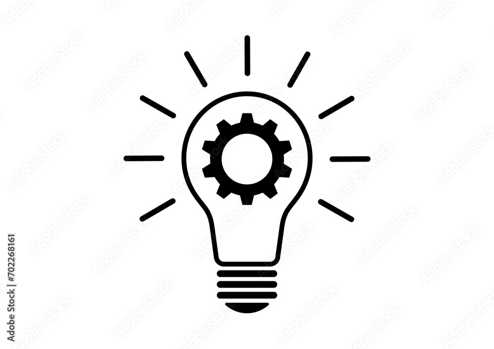 Light Bulb and Gear Icon Symbol with Idea Concept. Idea, Innovation, Inspiration and Creativity Concept. Vector Illustration Isolated on White Background. Light Bulb and Gear Icon Symbol with Idea Concept. Idea, Innovation, Inspiration and Creativity Concept. Vector Illustration Isolated on White Background.