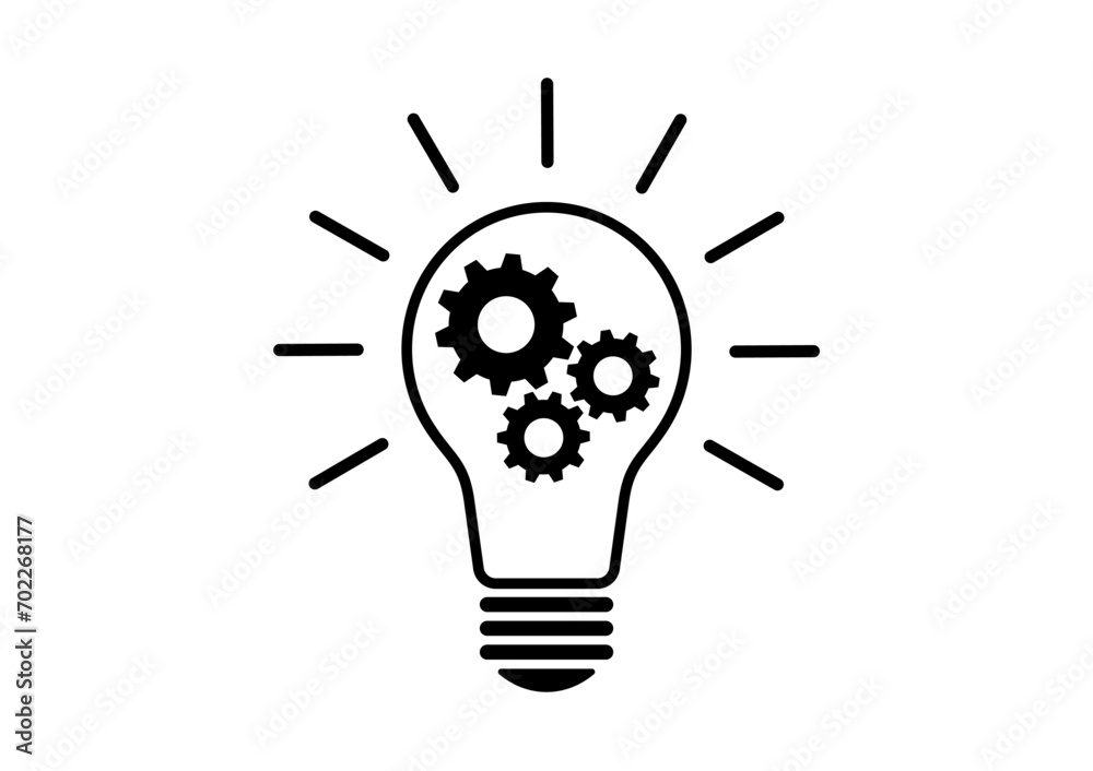 Light Bulb and Gear Icon Symbol with Idea Concept. Idea, Innovation, Inspiration and Creativity Concept. Vector Illustration Isolated on White Background. Light Bulb and Gear Icon Symbol with Idea Concept. Idea, Innovation, Inspiration and Creativity Concept. Vector Illustration Isolated on White Background.