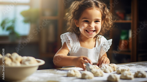 Portrait of smiling cute little girl preparing cookies for baking. Baking concept. photo