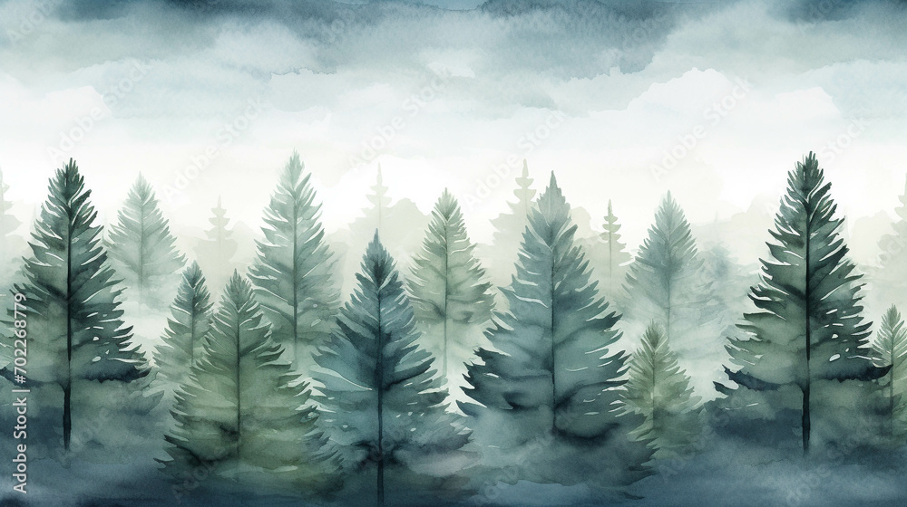 Fototapeta premium Beautiful nature watercolor picture of pine trees.