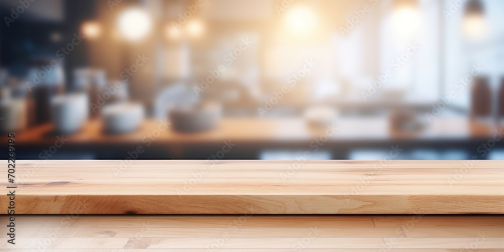 Wood table with blur background at kitchen room. Wood table with blur background at kitchen room.