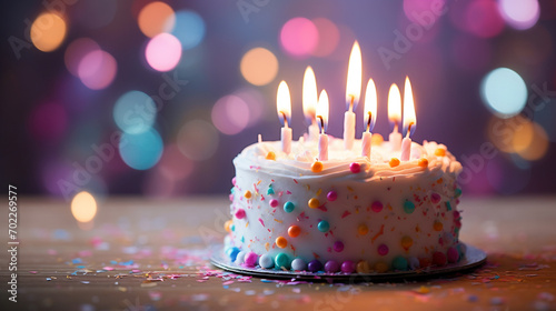 festive cake with candles. beautiful festive background