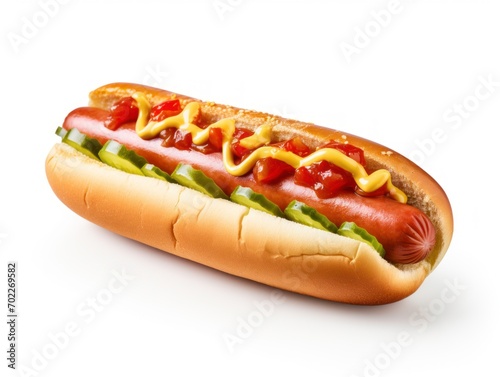 Delicious Hot Dog with Ketchup and Mustard on a White Background.