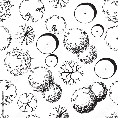 seamless pattern of trees, hand drawing, top view. architectural ink drawing, vector.