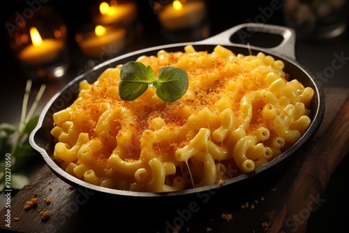 Traditional american mac and cheese pasta on restaurant table.
