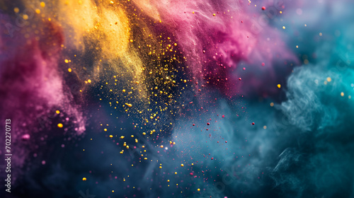 Launched colorful powder isolated on black background. Concept of Indian festival Holi Generative AI