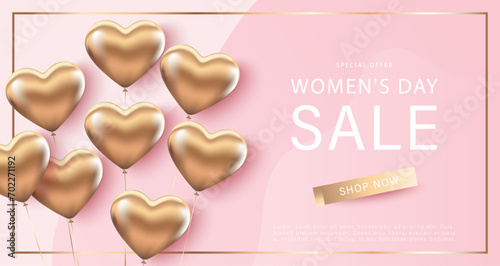 Pink poster for discounts for Women's Day with inflatable balloons in the shape of hearts. March 8. Discounts, sales, shopping banner
