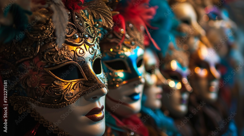 A group of venetian, mardi gras mask or disguise on a dark background. Generative AI
