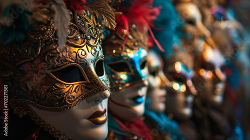 A group of venetian, mardi gras mask or disguise on a dark background. Generative AI photo