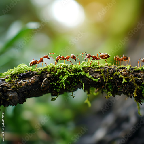 Ant action. Ants bridge unity team, cooperation, Concept team work together. Selective focus. © stardadw007