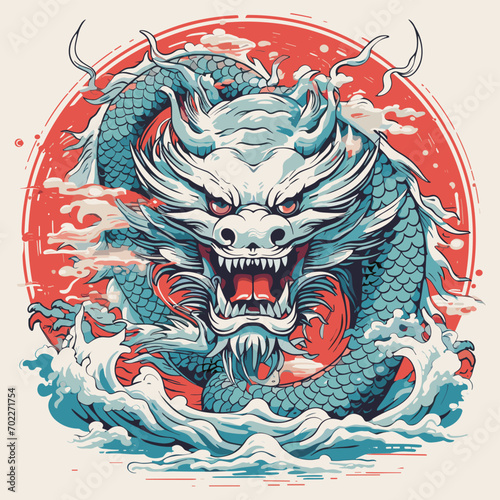 chinese dragon statue, colorful and dynamic illustration featuring a mythical dragon emerging from the roaring waves against a radiant red sun., chinese dragon on the background