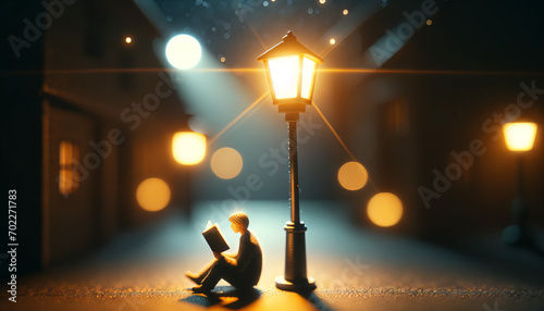 A high-quality image depicting an illustration of a person reading under a streetlamp at night, in a 16_9 ratio.