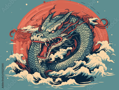 chinese dragon statue, colorful and dynamic illustration featuring a mythical dragon emerging from the roaring waves against a radiant red sun., chinese dragon on the background