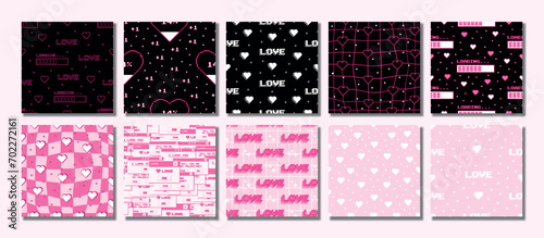 Big set of seamless patterns in the style of the 2000s on a black and pink background. Vector illustration for Valentine's Day. Template for card, fabric, textile, wallpaper, paper, packaging
