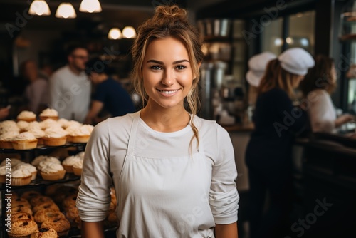Female coffee shop owner smiling. Small business owner, restaurant, barista, cafe, entrepreneur, and seller concept. ai generative