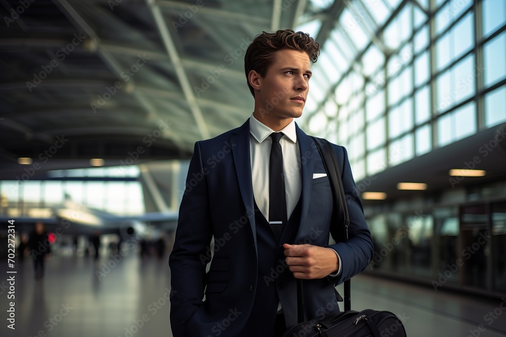 The concept of tourism and travel. Generated by AI. A young businessman guy is waiting for his plane at the airport. A male entrepreneur in a suit went on a business trip for work.