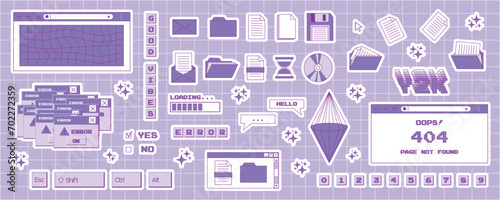 Big set of stickers in the trendy y2k style. Old computer aesthetics from the 90s, 00s. Retro PC elements, user interface. Vector design elements for scrapbooking