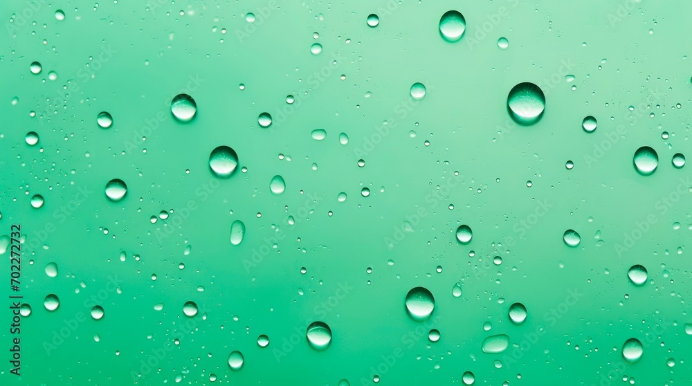 Water drops on green backdrop. Abstract background with water bubbles.