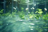 Fantasy scene of green leaves floating on water digital 3d illustration