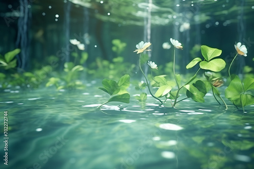Fantasy scene of green leaves floating on water digital 3d illustration