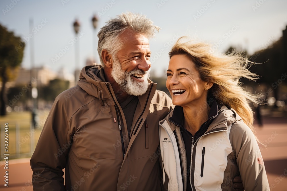 Joyful mature couple running in a park surrounded by fall foliage, exemplifying healthy lifestyle in retirement.