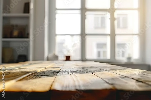 Rustic elegance. Wooden table in empty home interior on background. Summer morning vibes. Blurred in bright room. Vintage cafe charm