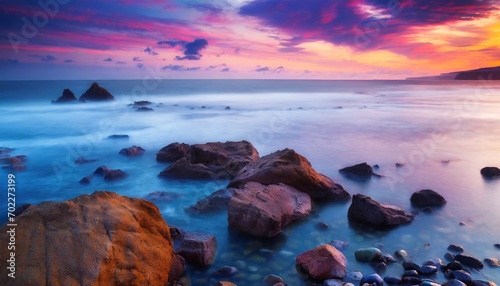 Stones of the sea shore, blur of waves and beautiful colorful sky landscape with reflection in water