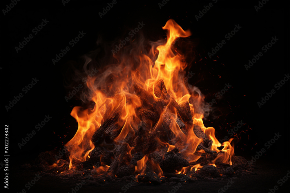 Fire bonfire on a black background natural flame