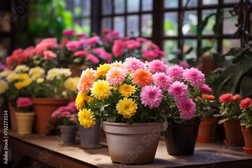 Colorful potted chrysanthemum on pavement of city street flower shop