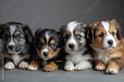 Group portrait of adorable puppies on grey background