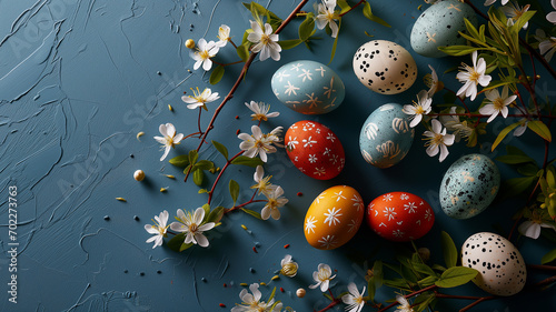 Easter colored egg and flowers on a blue background