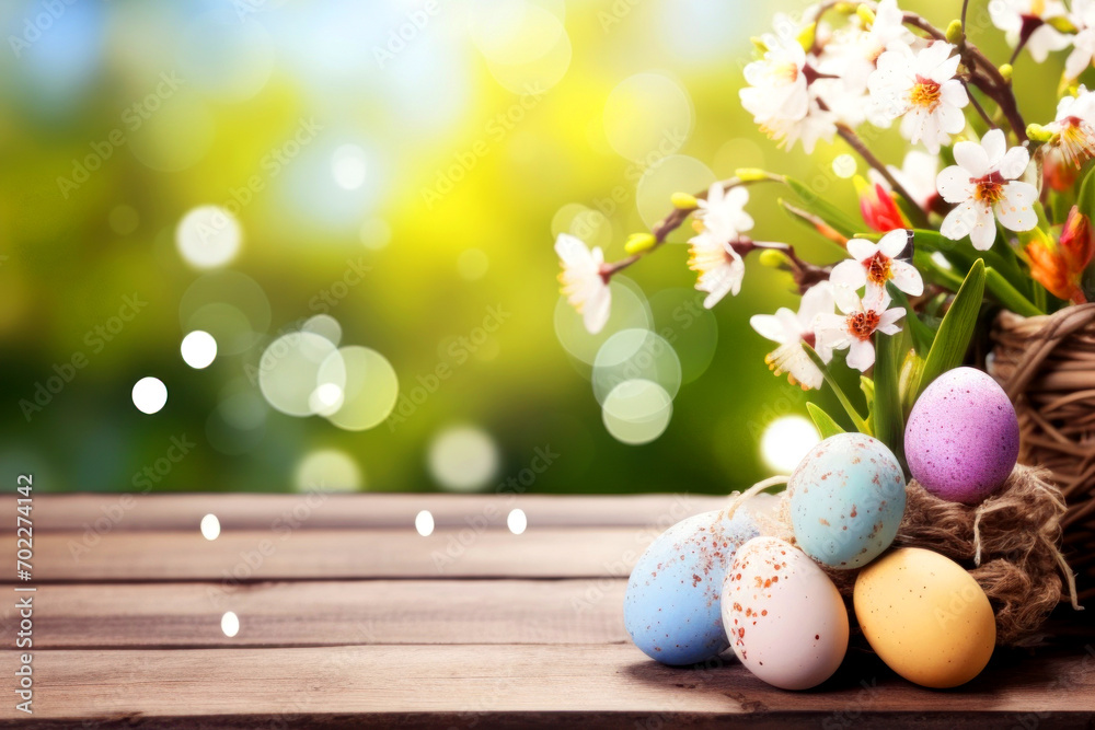 Empty ready for your product display montage - Top of wooden table with spring field background and Easter eggs and spring flowers