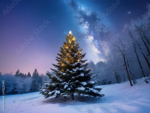 a landscapes of christmas tree in a snow forest under colorfull sky full of stars © VERYYUDHA