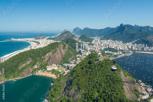 Rio de janeiro, Brazil. Sugarloaf Mountain Cable Car. Aerial view of the city. Urca hill, Red beach, Urca neighborhood, Botafogo beach and marina, Corcovado hill and Christ statue.