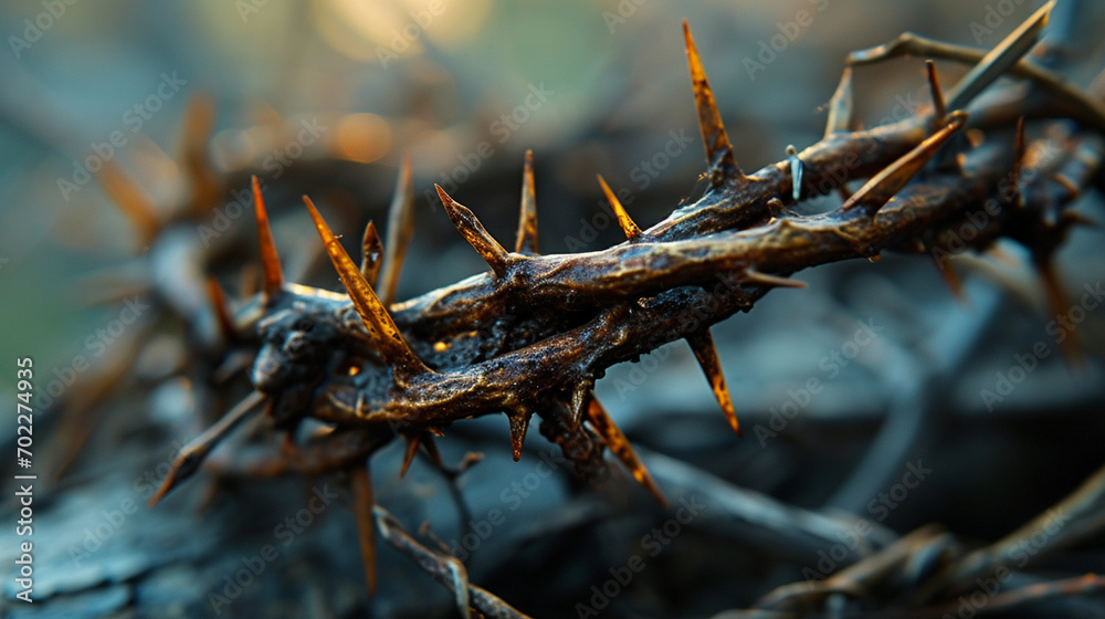 Iconic Crown of Thorns: A close-up of the Crown of Thorns, intricately depicted with a backdrop that conveys the weight of the Good Friday narrative Iconic Crown of Thorns: A close-up of the Crown of Thorns, intricately depicted with a backdrop that conveys the weight of the Good Friday narrative