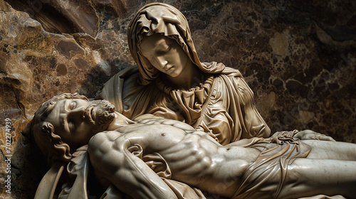 Pietà's Grief-Stricken Embrace:  An emotional representation of the Pietà, capturing the grief-stricken embrace of Mary holding the body of Jesus on Good Friday photo