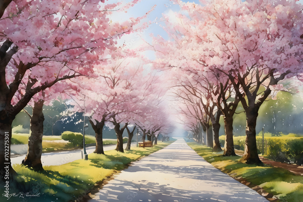 A landscape of cherry blossoms in watercolors. Generative AI A landscape of cherry blossoms in watercolors. Generative AI