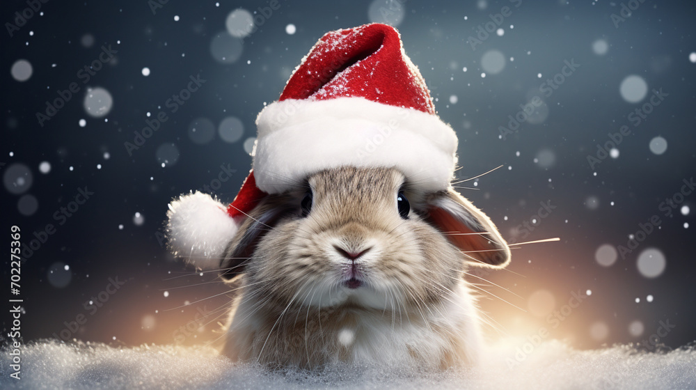 New Year's cute rabbit in Santa's hat. New Year's cute rabbit in Santa's hat.