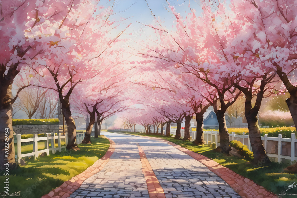 A landscape of cherry blossoms in watercolors. Generative AI A landscape of cherry blossoms in watercolors. Generative AI