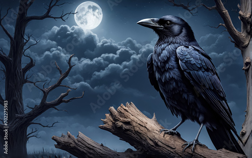 A black raven is sitting on a branch. The night is full moon. AI